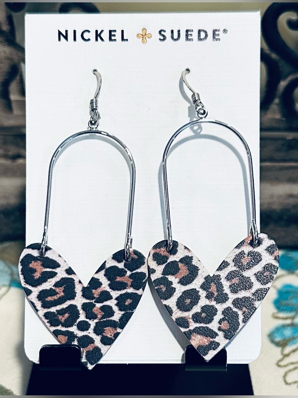 Nickel & Suede Snow  Leopard Heart Drop Earrings